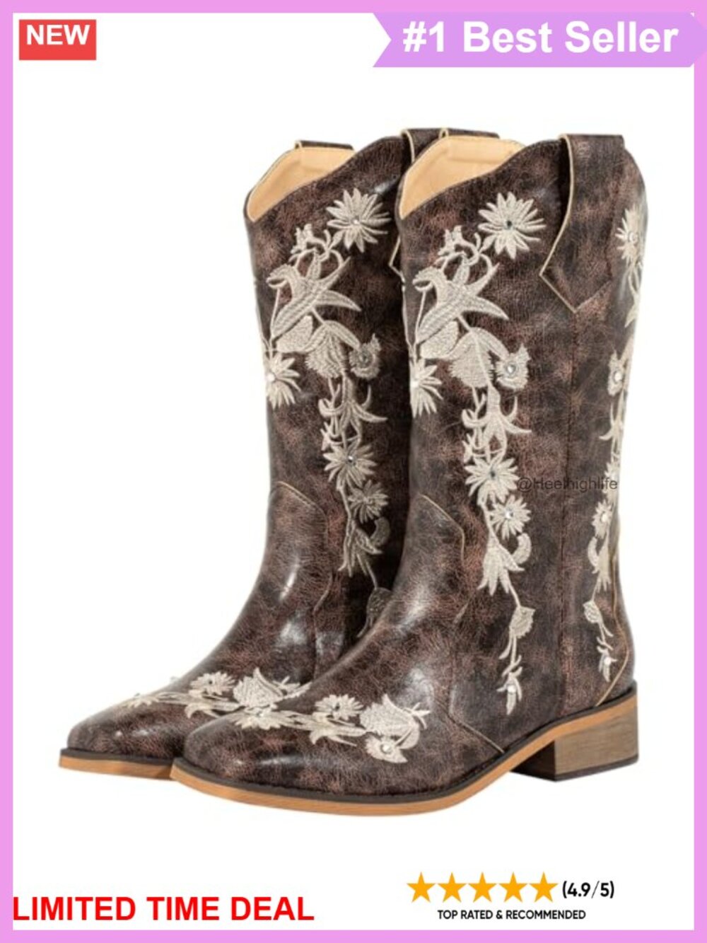 Floral Rhinestone Square Toe Cowboy Boots Faux Leather Western Wedding
